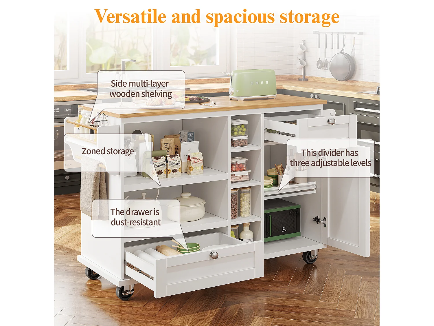 Îlot de cuisine à roulettes - 129 x 46 x 92 cm -  avec 2 tiroirs + armoires de rangement + 1 porte - MDF - blanc