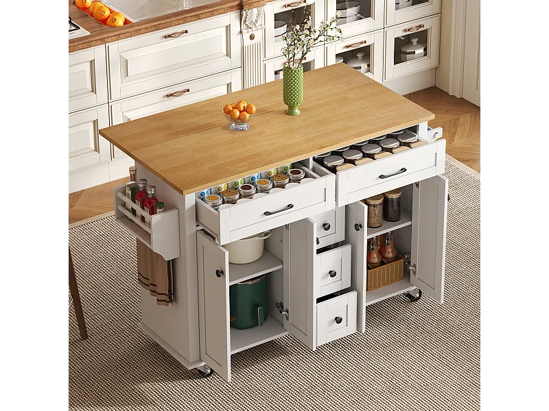 Keukeneiland op wielen - 140 x 65 x 89 cm - met uitschuifbaar blad + 5 lades + 4 deuren - wit