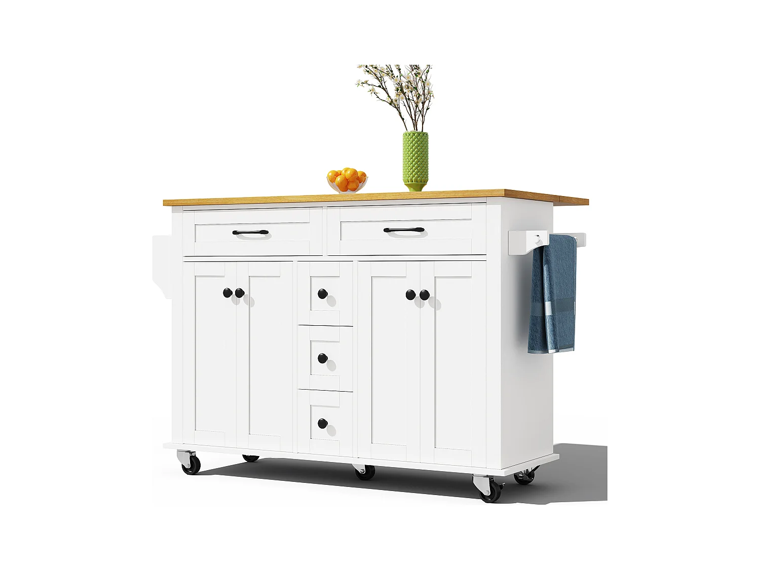 Wyspa kuchenna na kółkach - 140 x 65 x 89 cm - z wysuwanym blatem + 5 szuflad + 4 drzwi - biała