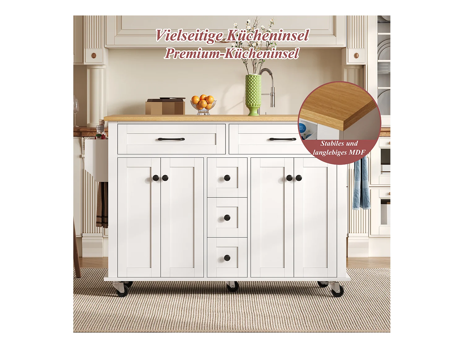 Wyspa kuchenna na kółkach - 140 x 65 x 89 cm - z wysuwanym blatem + 5 szuflad + 4 drzwi - biała