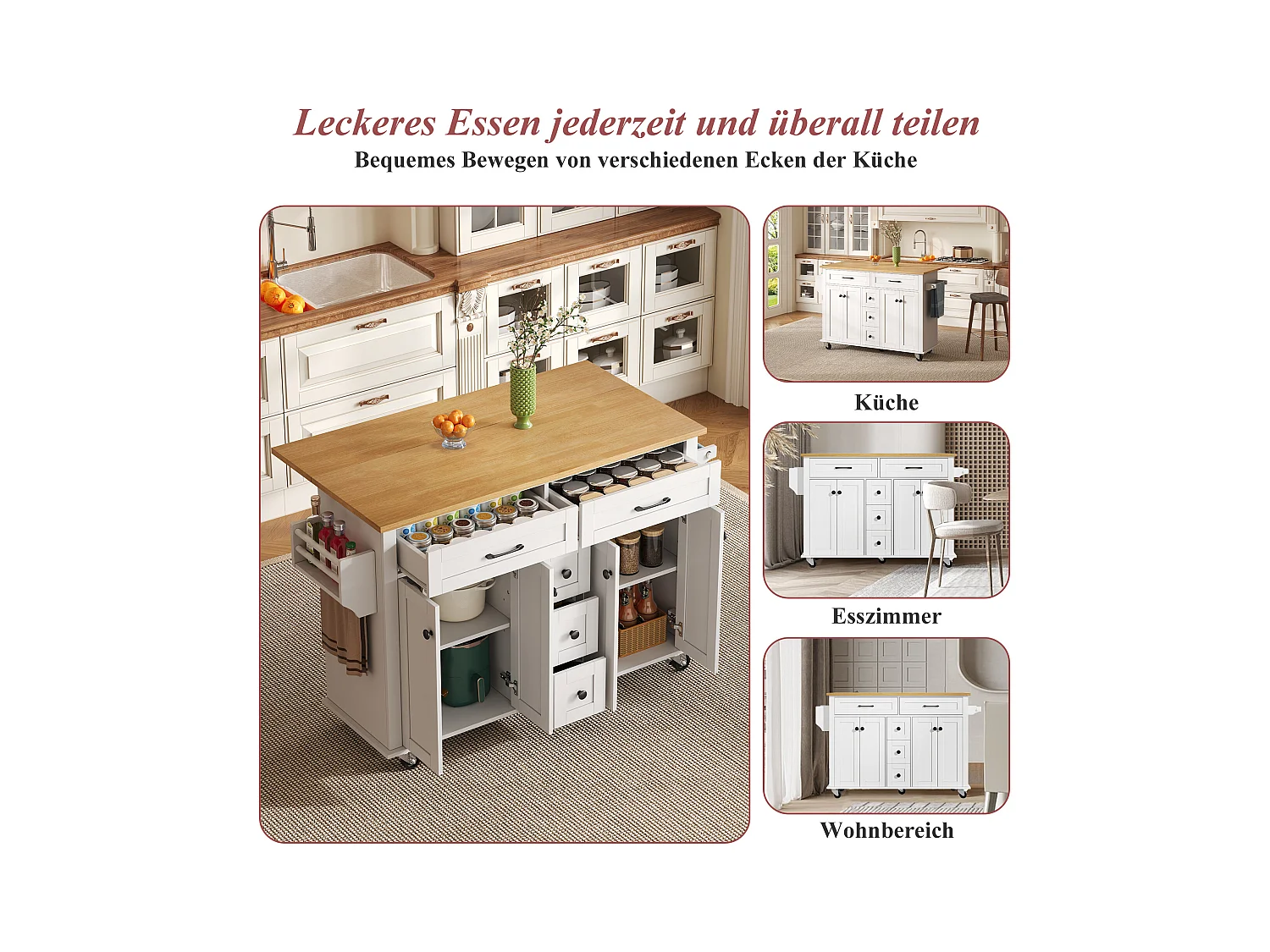 Wyspa kuchenna na kółkach - 140 x 65 x 89 cm - z wysuwanym blatem + 5 szuflad + 4 drzwi - biała