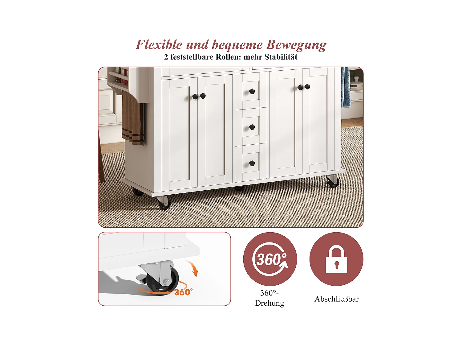 Wyspa kuchenna na kółkach - 140 x 65 x 89 cm - z wysuwanym blatem + 5 szuflad + 4 drzwi - biała