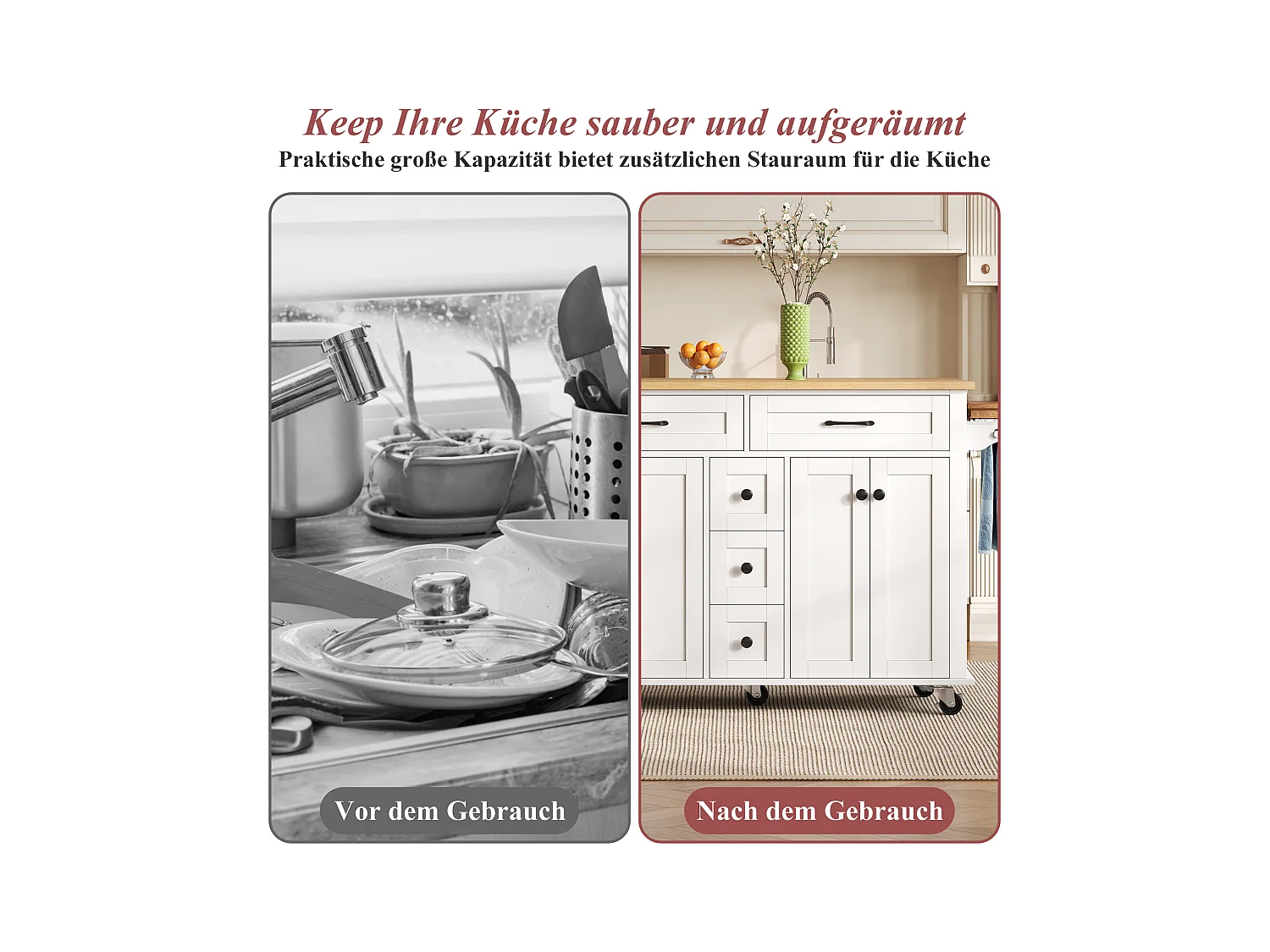 Wyspa kuchenna na kółkach - 140 x 65 x 89 cm - z wysuwanym blatem + 5 szuflad + 4 drzwi - biała