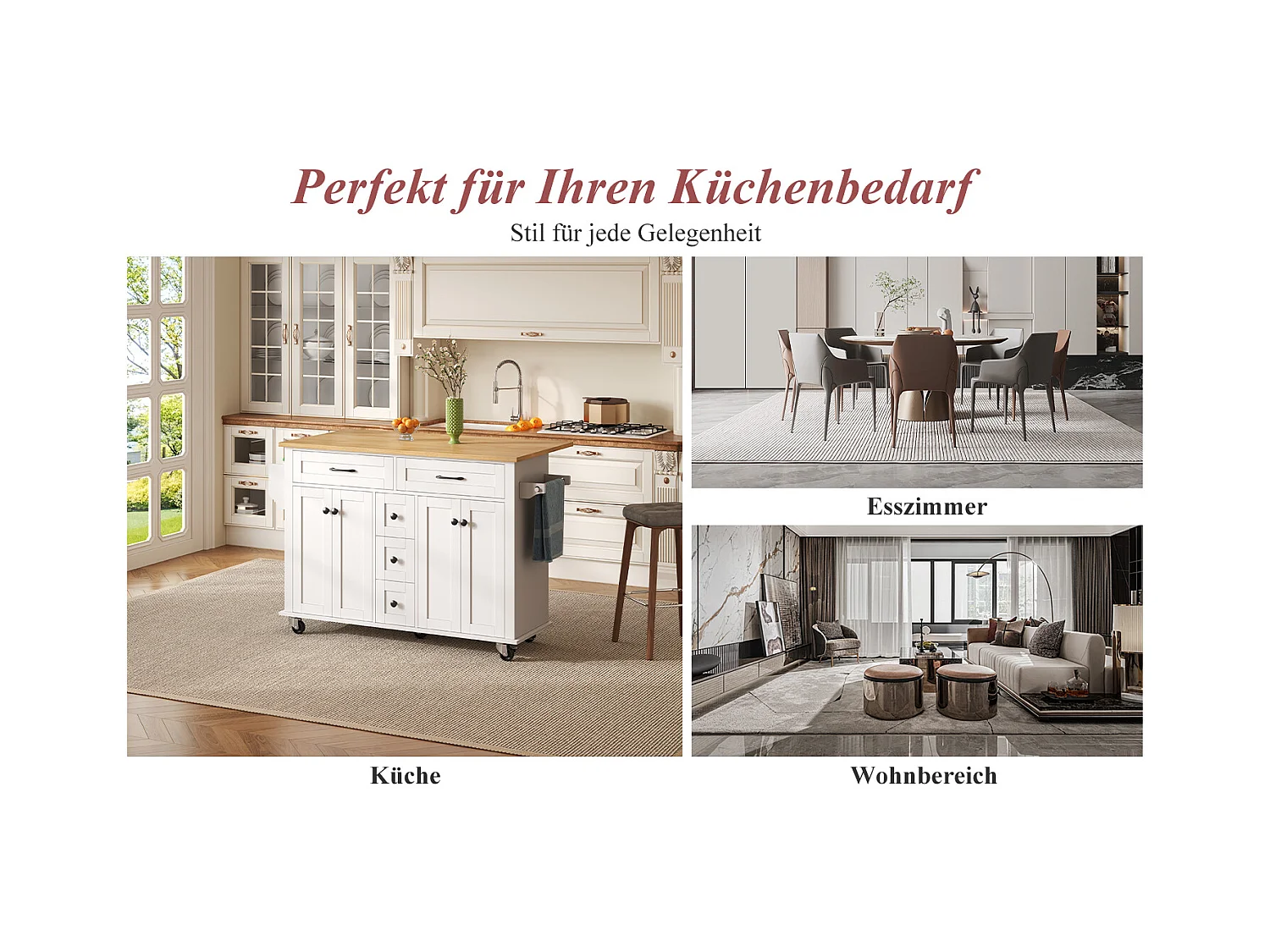 Wyspa kuchenna na kółkach - 140 x 65 x 89 cm - z wysuwanym blatem + 5 szuflad + 4 drzwi - biała