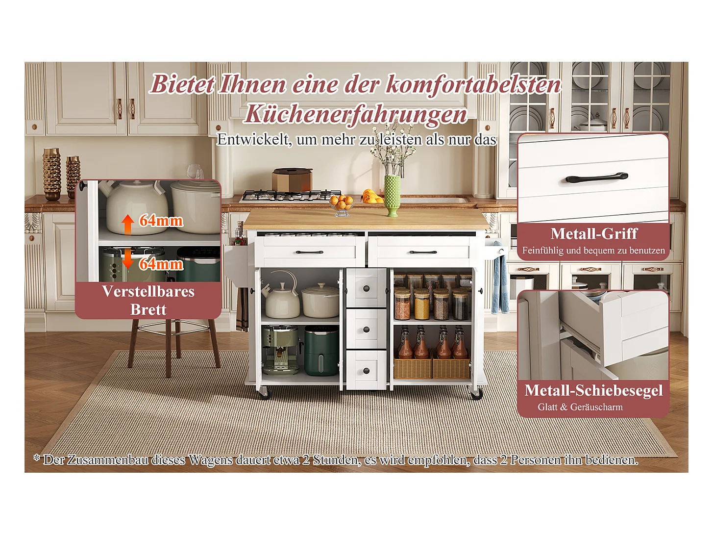 Wyspa kuchenna na kółkach - 140 x 65 x 89 cm - z wysuwanym blatem + 5 szuflad + 4 drzwi - biała