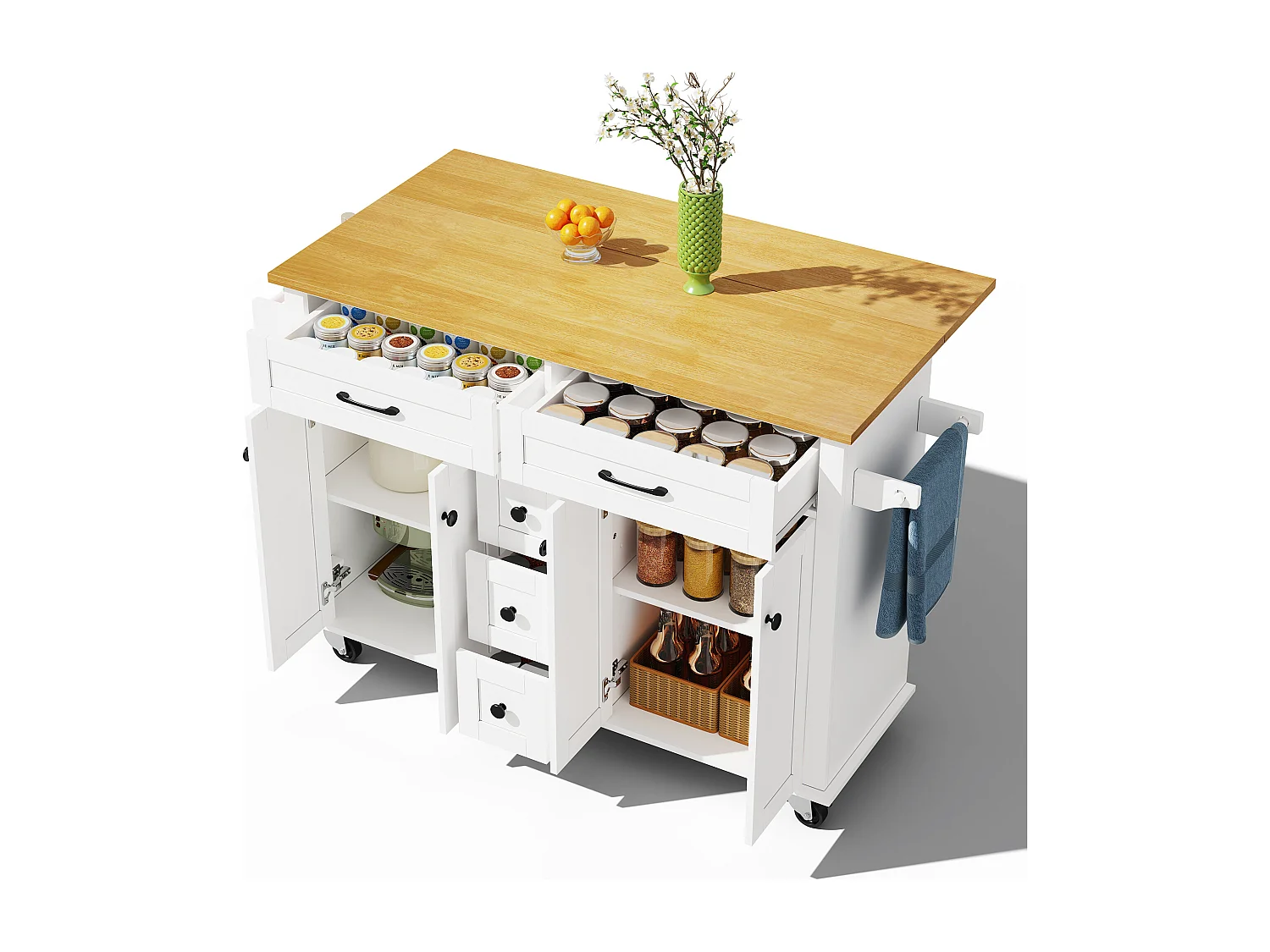Isola cucina su ruote - 140 x 65 x 89 cm - con piano estensibile + 5 cassetti + 4 ante - bianco