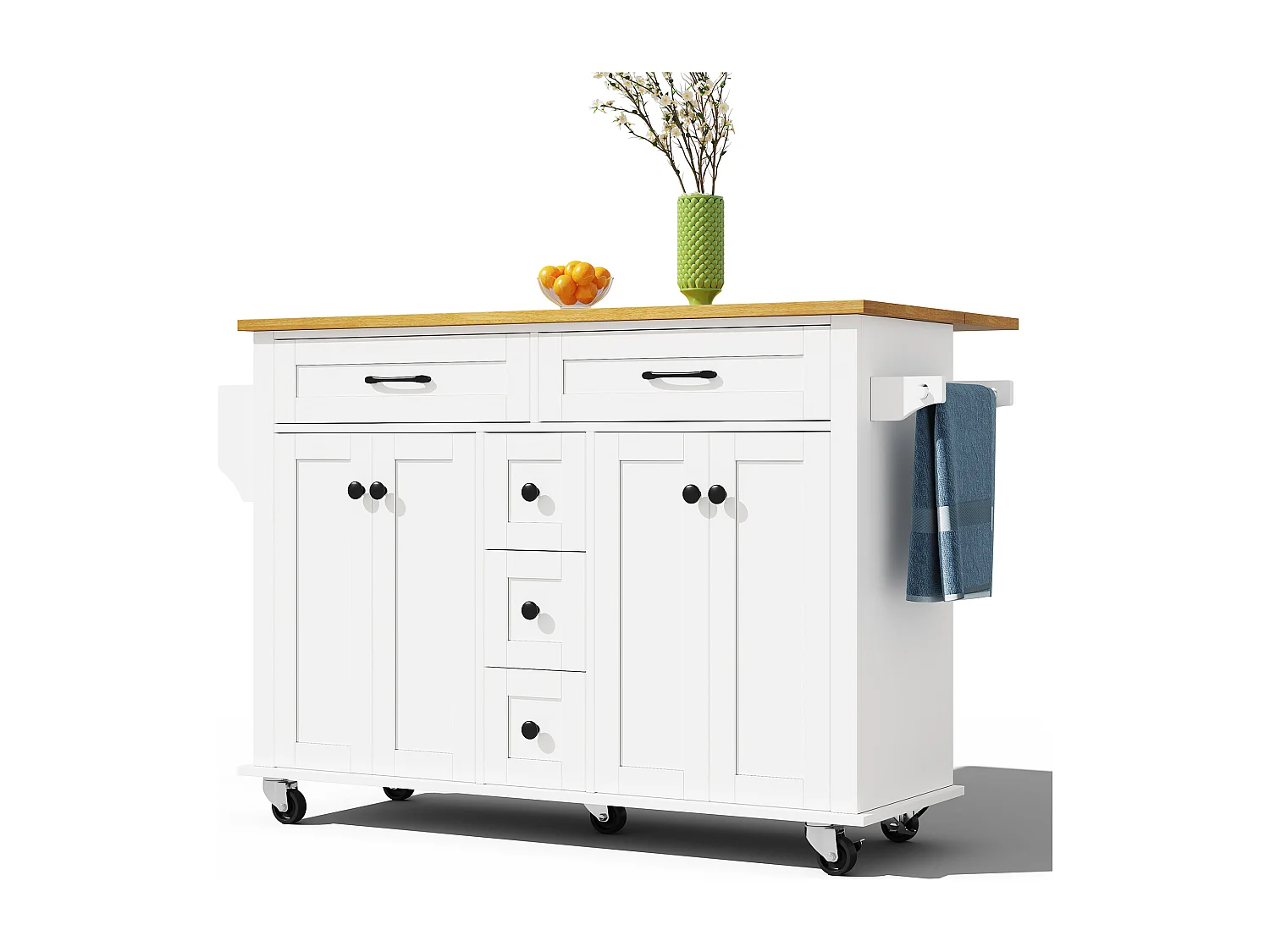 Isola cucina su ruote - 140 x 65 x 89 cm - con piano estensibile + 5 cassetti + 4 ante - bianco