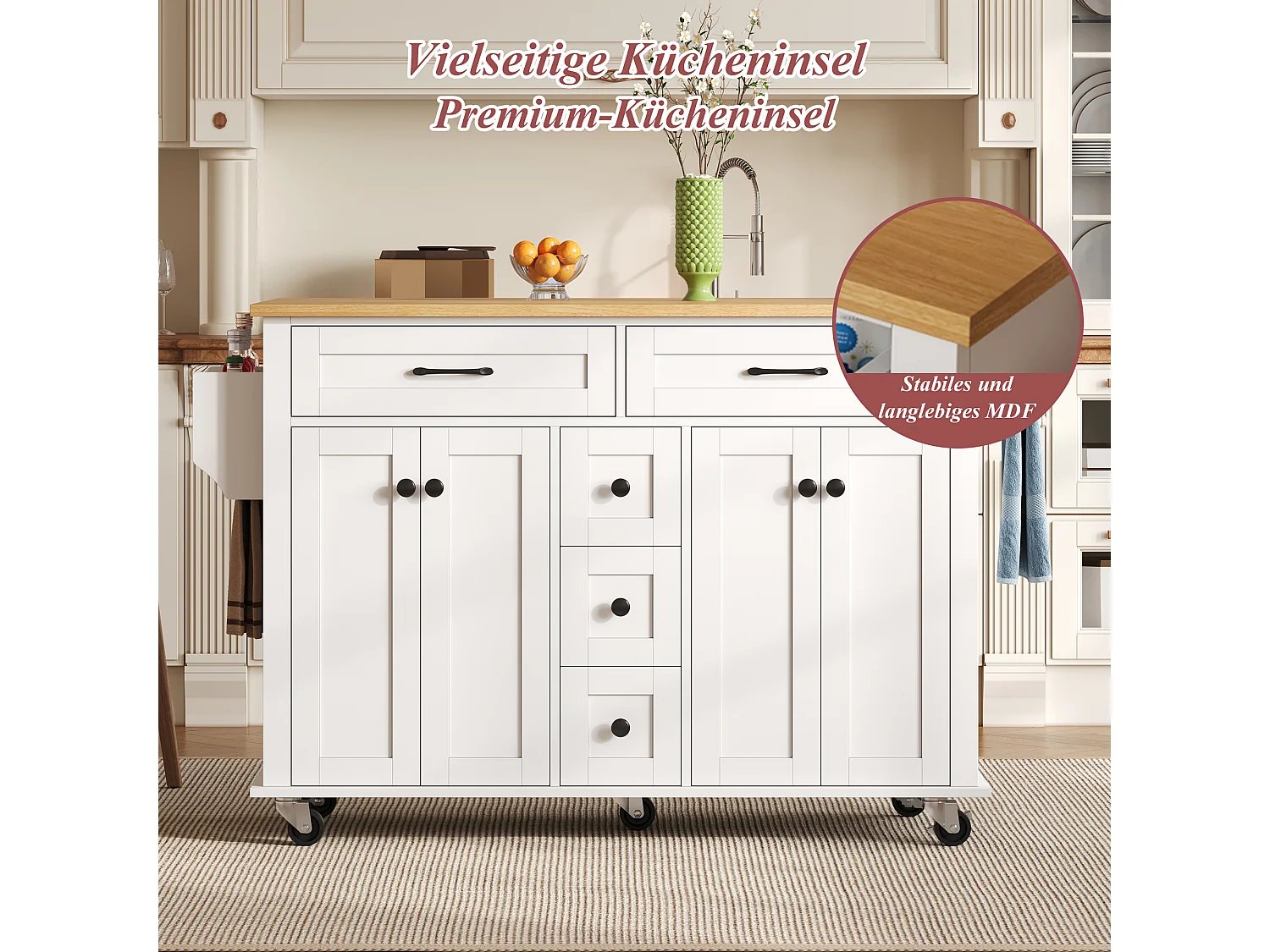 Isola cucina su ruote - 140 x 65 x 89 cm - con piano estensibile + 5 cassetti + 4 ante - bianco