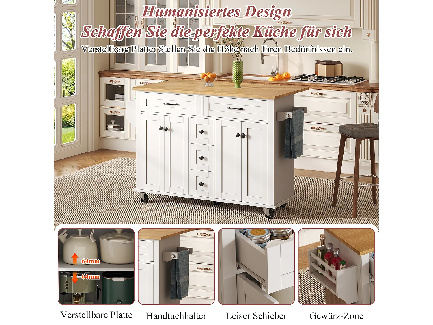 Isola cucina su ruote - 140 x 65 x 89 cm - con piano estensibile + 5 cassetti + 4 ante - bianco