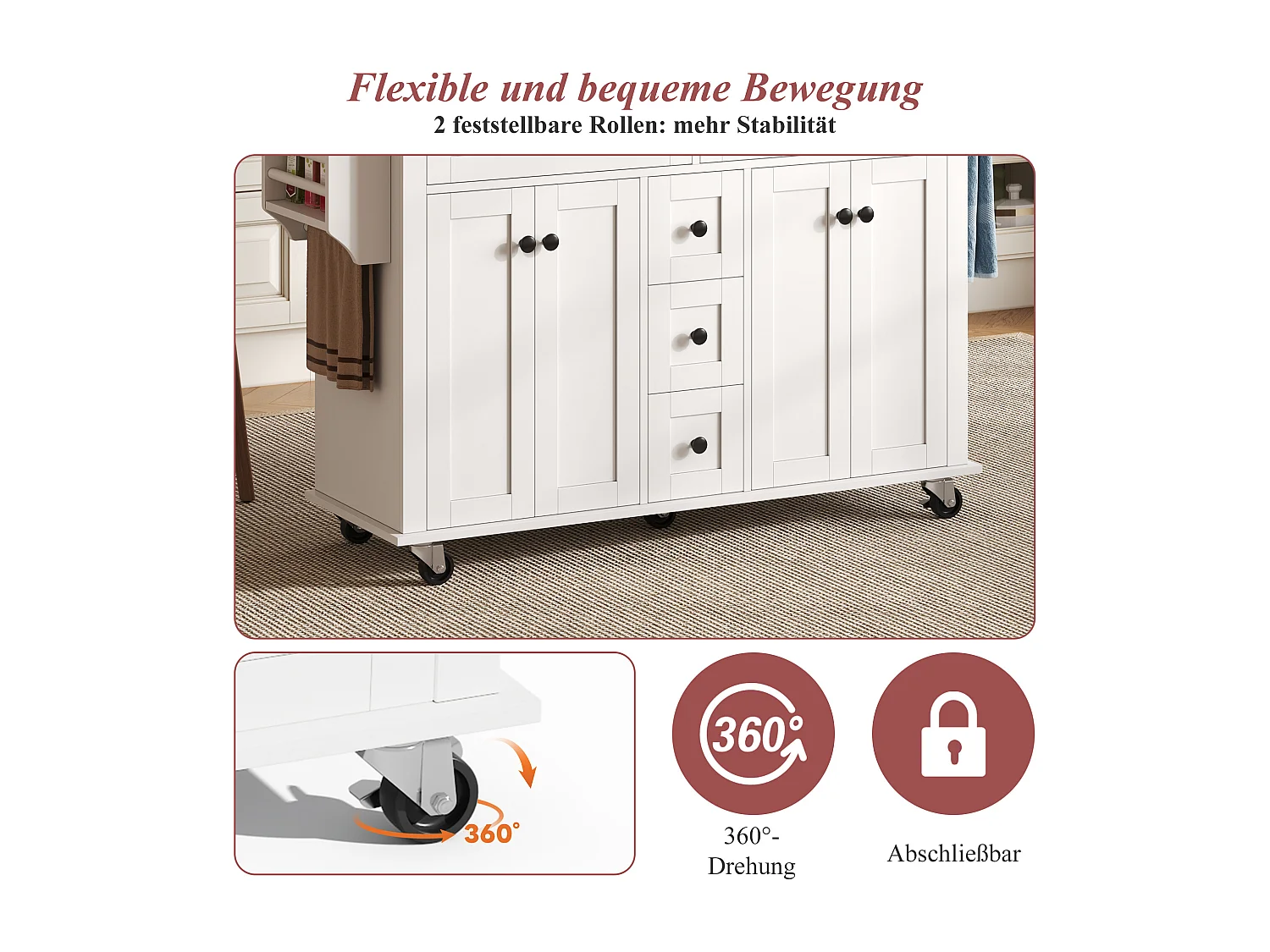 Isola cucina su ruote - 140 x 65 x 89 cm - con piano estensibile + 5 cassetti + 4 ante - bianco