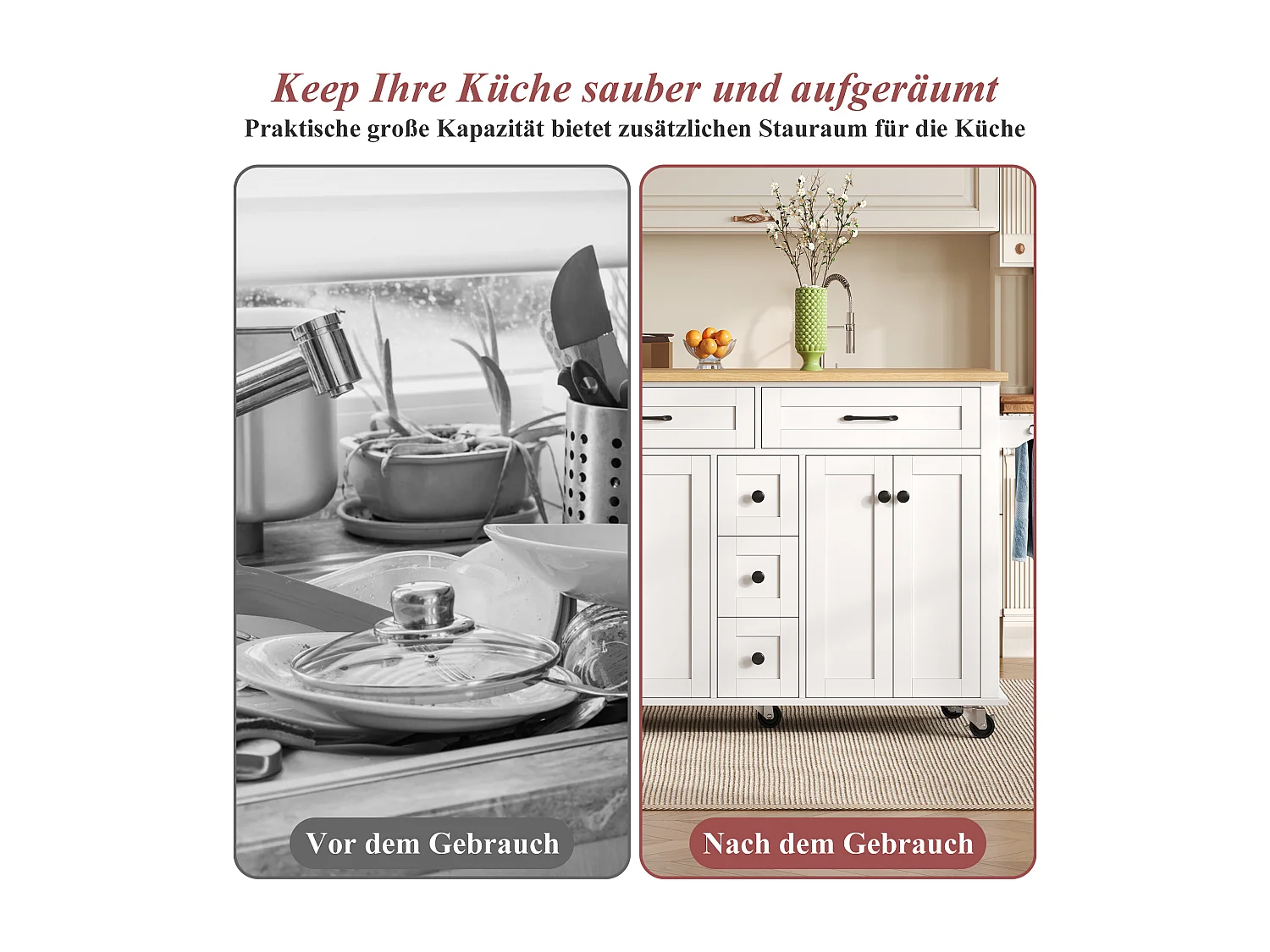 Isola cucina su ruote - 140 x 65 x 89 cm - con piano estensibile + 5 cassetti + 4 ante - bianco