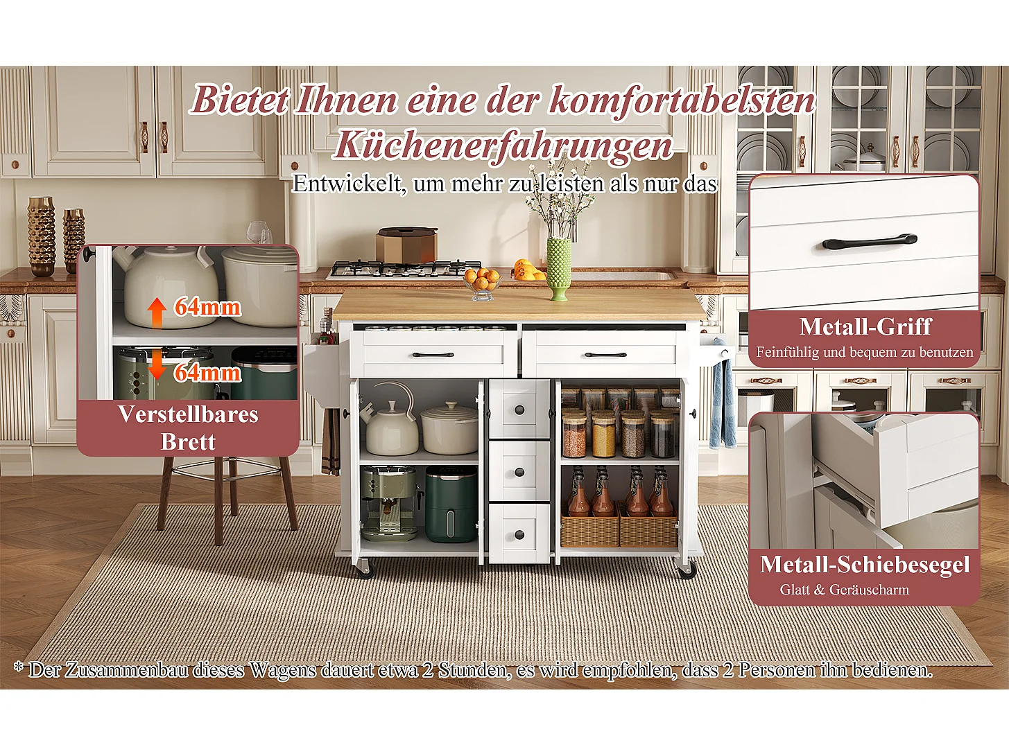 Isola cucina su ruote - 140 x 65 x 89 cm - con piano estensibile + 5 cassetti + 4 ante - bianco