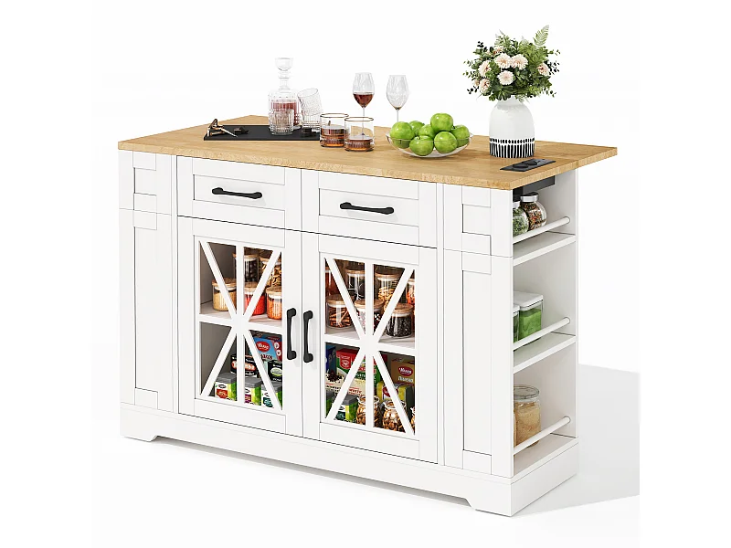 Îlot de cuisine à roulettes - 120 x 65 x 92 cm - avec table pliante + porte vitrée + 2 tiroirs - MDF - Blanc