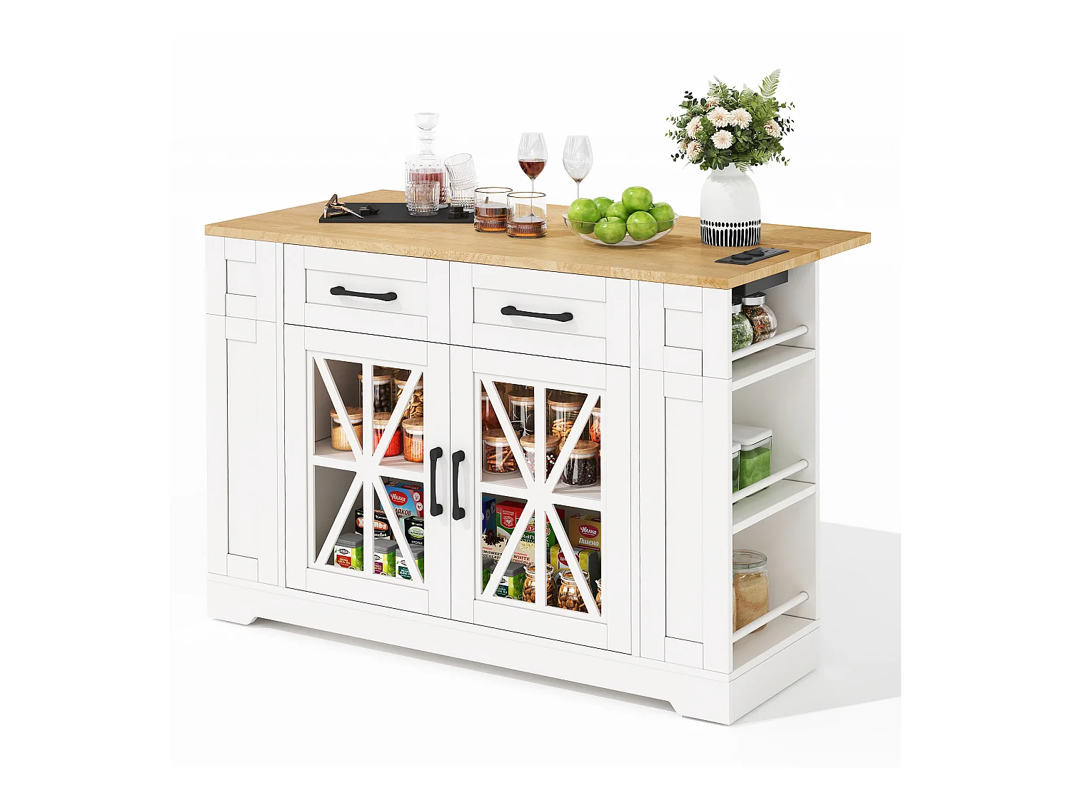 Îlot de cuisine à roulettes - 120 x 65 x 92 cm - avec table pliante + porte vitrée + 2 tiroirs - MDF - Blanc