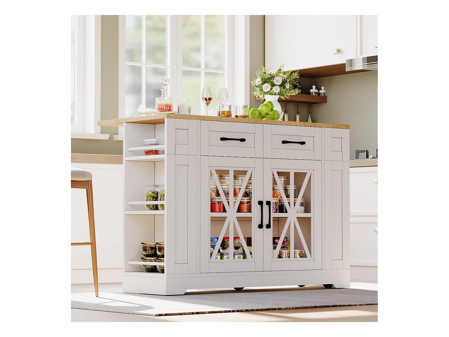 Îlot de cuisine à roulettes - 120 x 65 x 92 cm - avec table pliante + porte vitrée + 2 tiroirs - MDF - Blanc