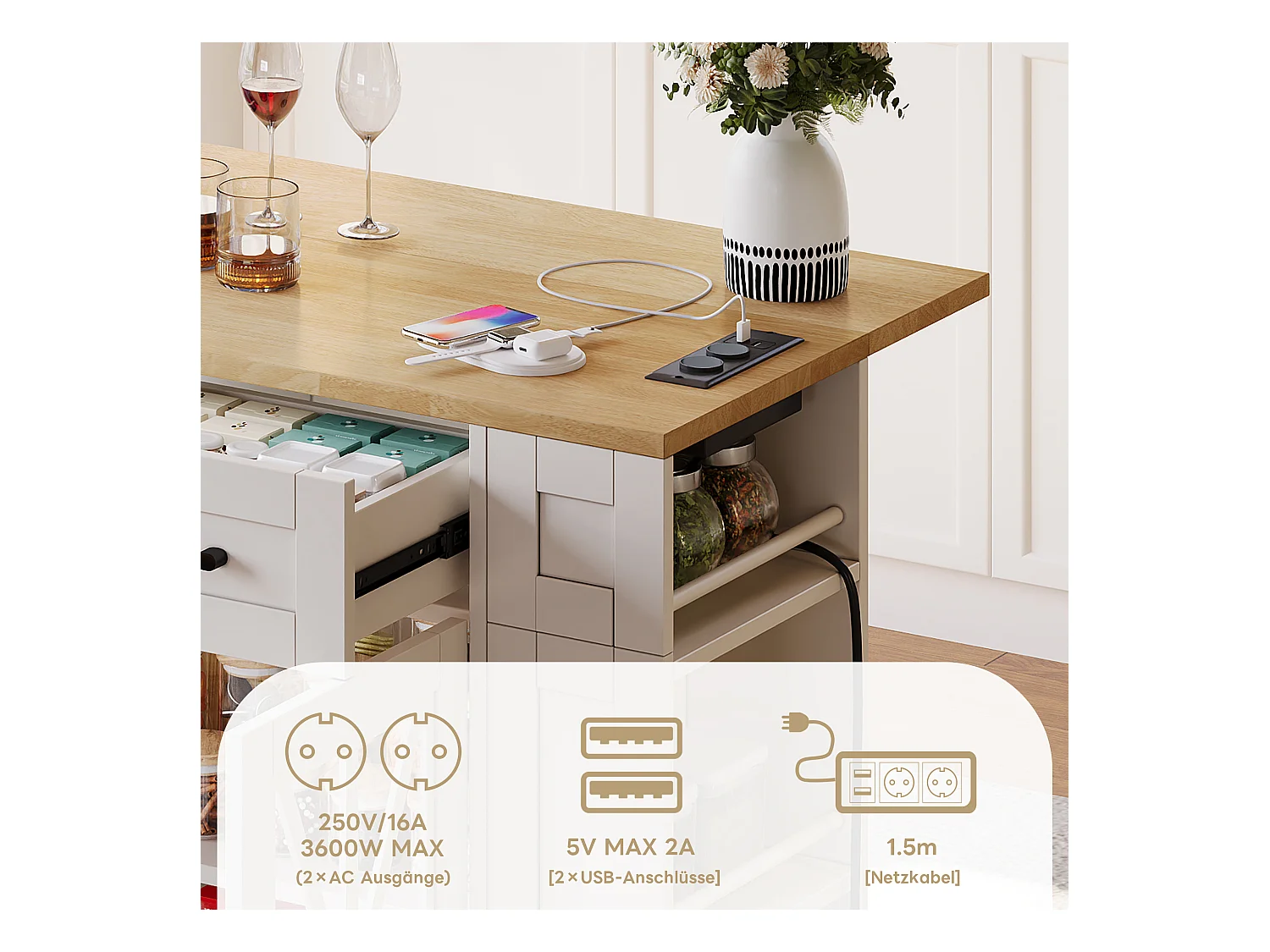 Îlot de cuisine à roulettes - 120 x 65 x 92 cm - avec table pliante + porte vitrée + 2 tiroirs - MDF - Blanc