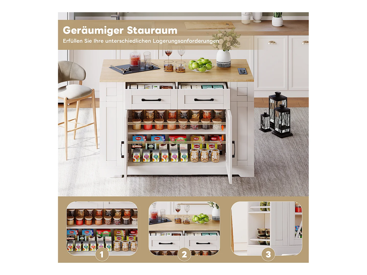 Îlot de cuisine à roulettes - 120 x 65 x 92 cm - avec table pliante + porte vitrée + 2 tiroirs - MDF - Blanc