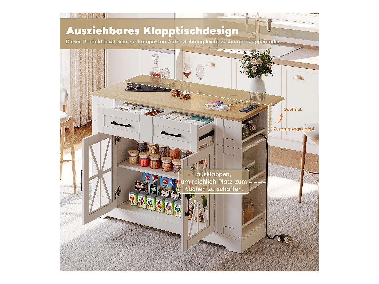 Îlot de cuisine à roulettes - 120 x 65 x 92 cm - avec table pliante + porte vitrée + 2 tiroirs - MDF - Blanc