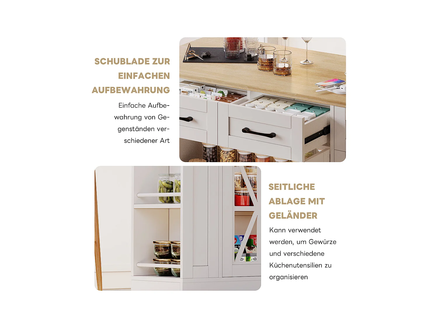 Îlot de cuisine à roulettes - 120 x 65 x 92 cm - avec table pliante + porte vitrée + 2 tiroirs - MDF - Blanc