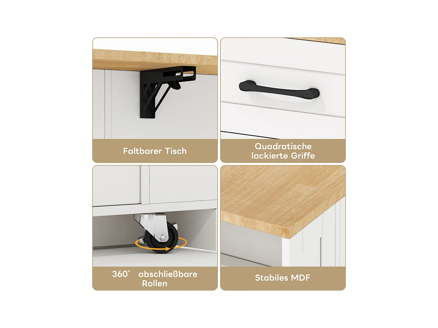 Îlot de cuisine à roulettes - 120 x 65 x 92 cm - avec table pliante + porte vitrée + 2 tiroirs - MDF - Blanc