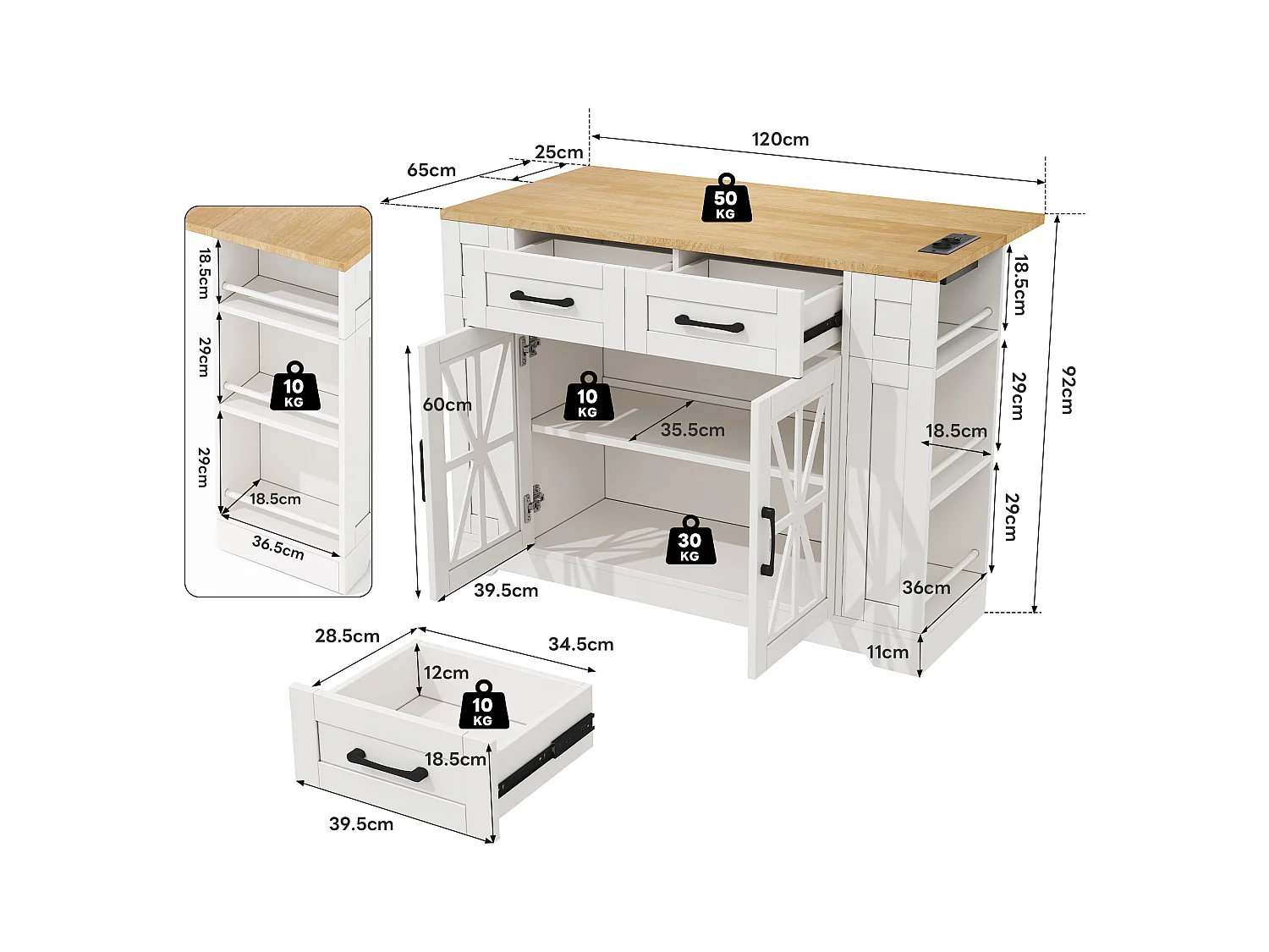 Îlot de cuisine à roulettes - 120 x 65 x 92 cm - avec table pliante + porte vitrée + 2 tiroirs - MDF - Blanc