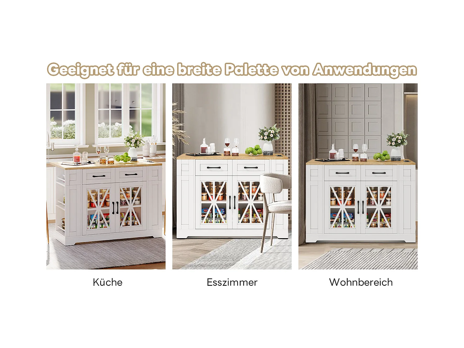 Îlot de cuisine à roulettes - 120 x 65 x 92 cm - avec table pliante + porte vitrée + 2 tiroirs - MDF - Blanc