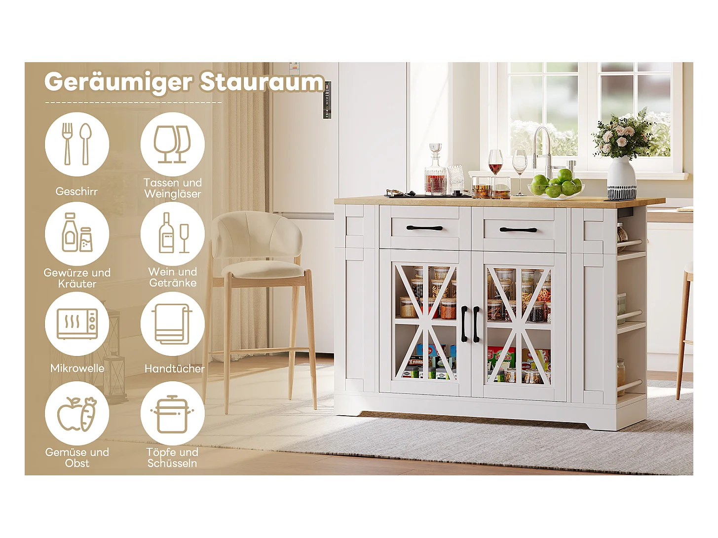 Îlot de cuisine à roulettes - 120 x 65 x 92 cm - avec table pliante + porte vitrée + 2 tiroirs - MDF - Blanc