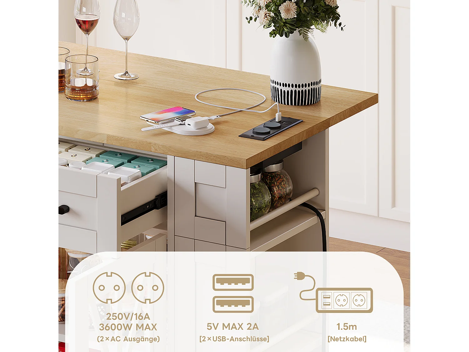 Kücheninsel auf Rollen - 120 x 65 x 92 cm - mit Klapptisch + Glastür + 2 Schubladen - MDF - Weiß