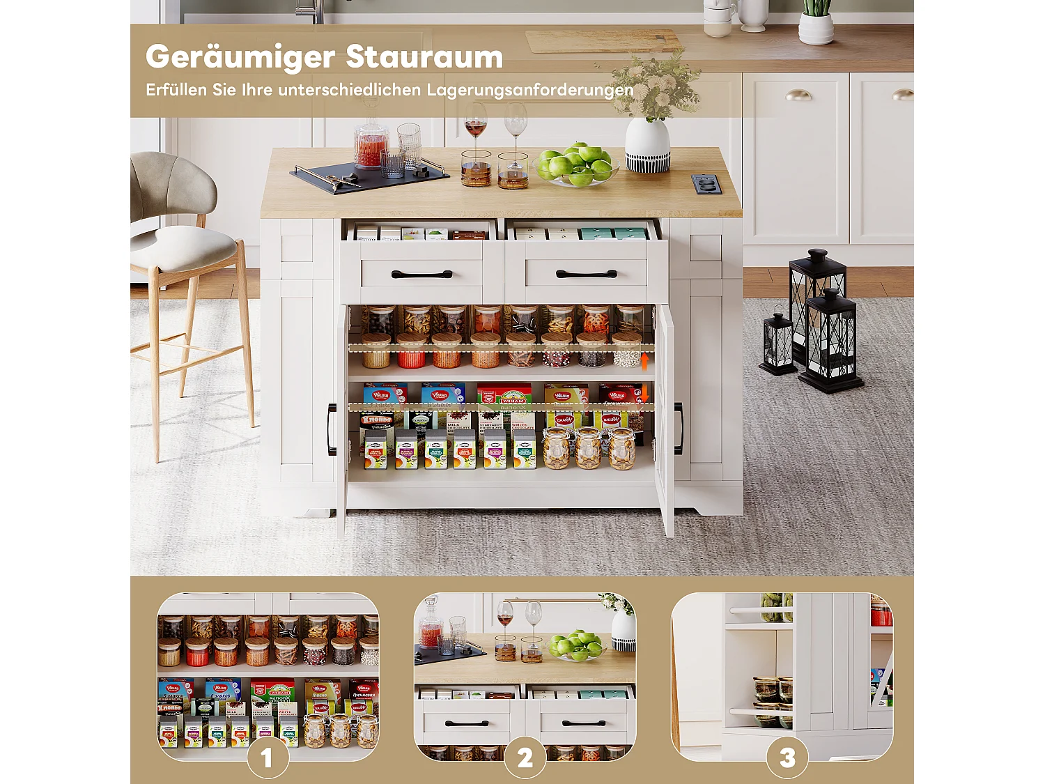 Kücheninsel auf Rollen - 120 x 65 x 92 cm - mit Klapptisch + Glastür + 2 Schubladen - MDF - Weiß