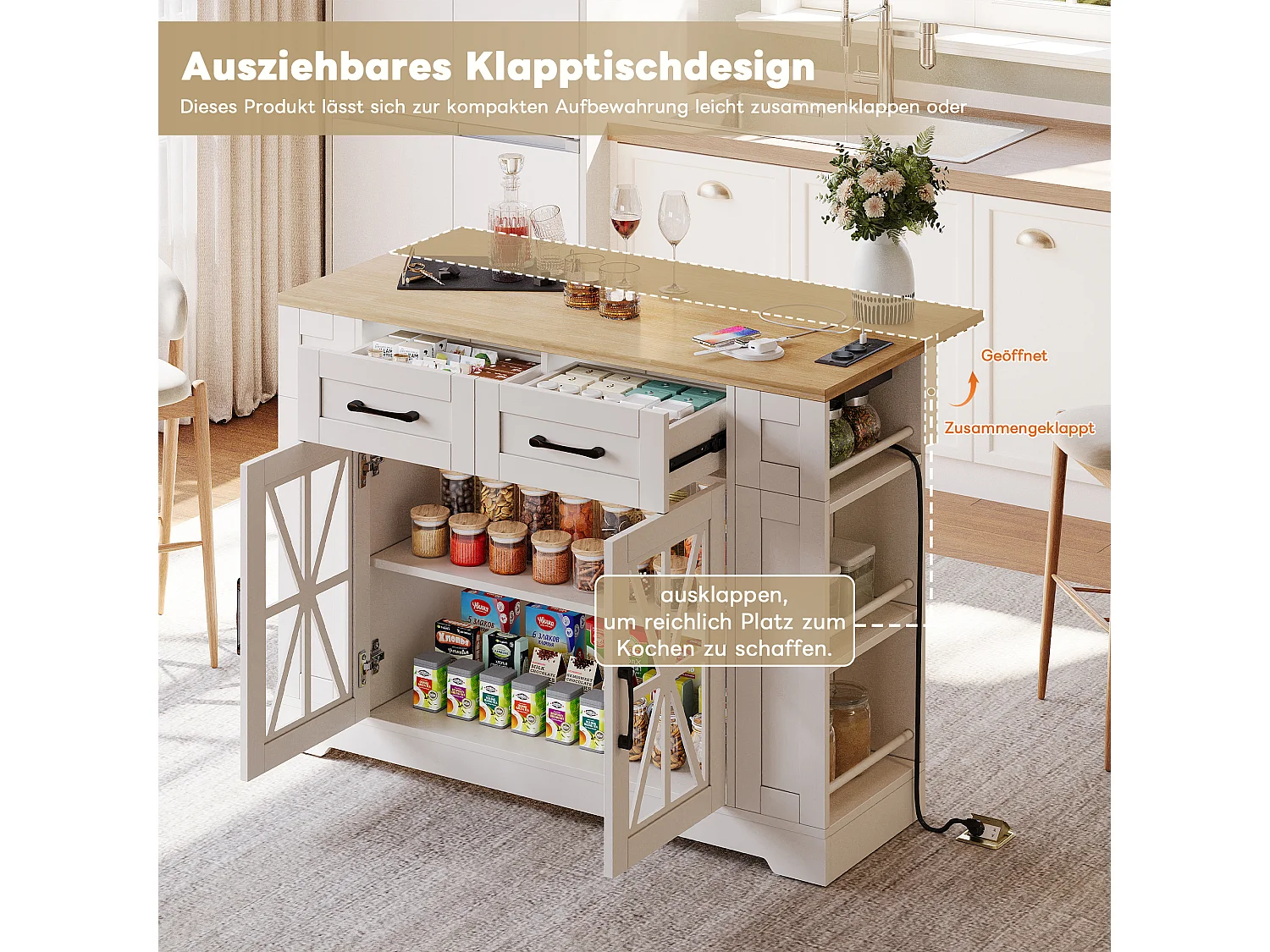 Kücheninsel auf Rollen - 120 x 65 x 92 cm - mit Klapptisch + Glastür + 2 Schubladen - MDF - Weiß