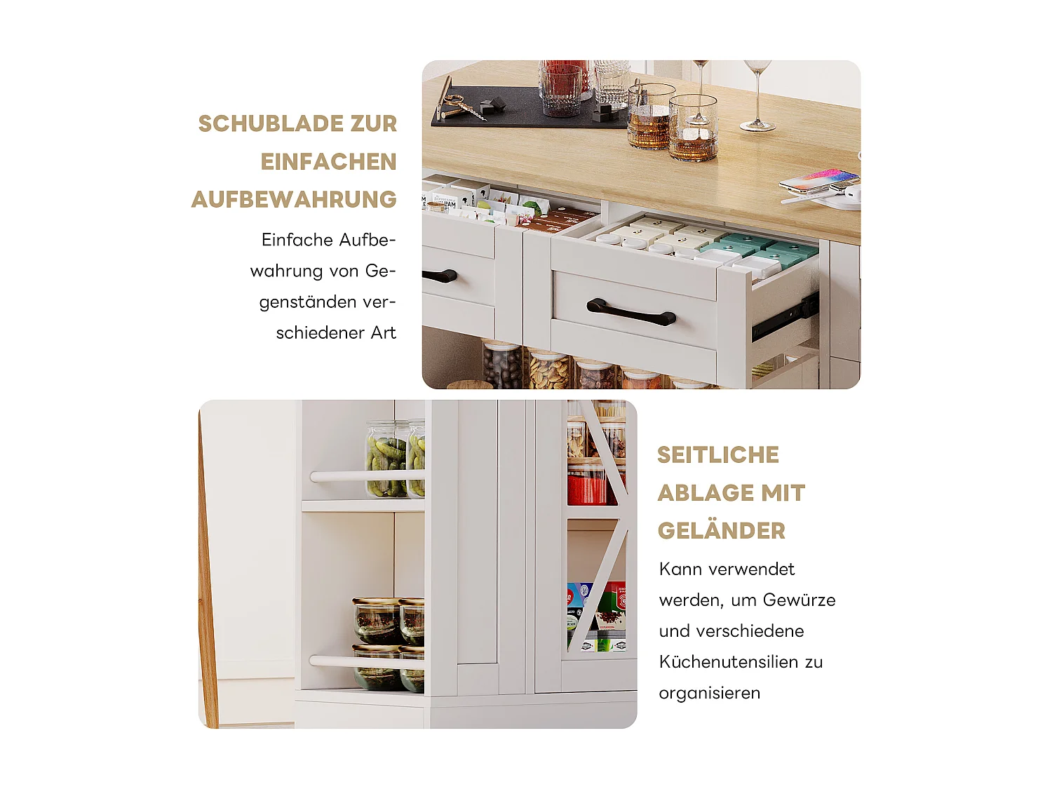 Kücheninsel auf Rollen - 120 x 65 x 92 cm - mit Klapptisch + Glastür + 2 Schubladen - MDF - Weiß