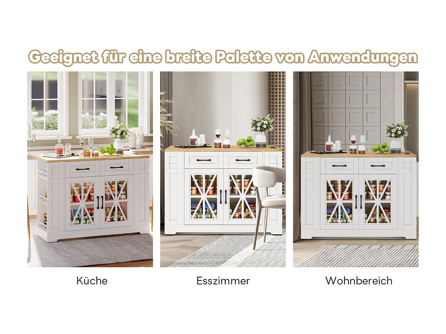 Kücheninsel auf Rollen - 120 x 65 x 92 cm - mit Klapptisch + Glastür + 2 Schubladen - MDF - Weiß