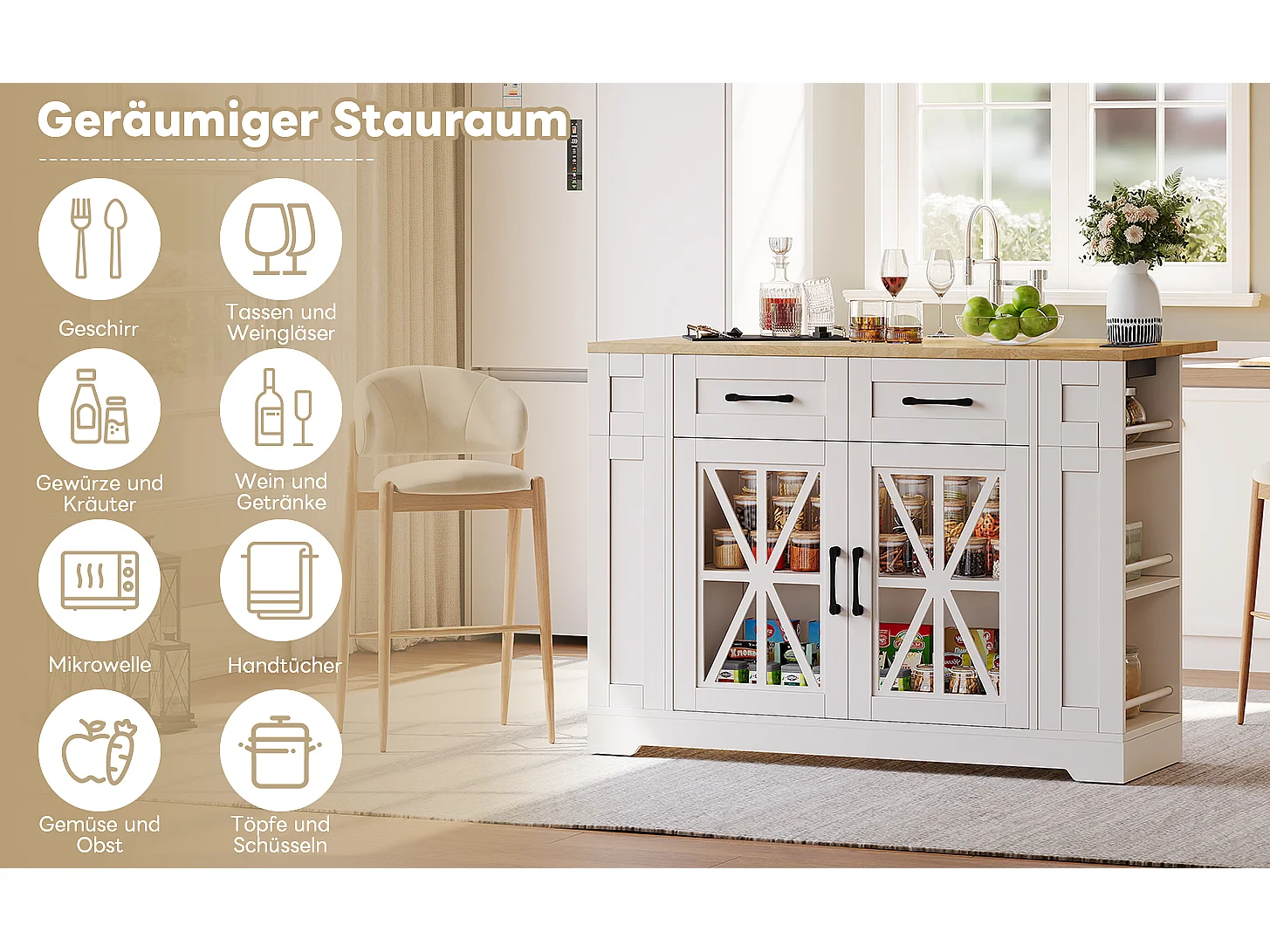 Kücheninsel auf Rollen - 120 x 65 x 92 cm - mit Klapptisch + Glastür + 2 Schubladen - MDF - Weiß