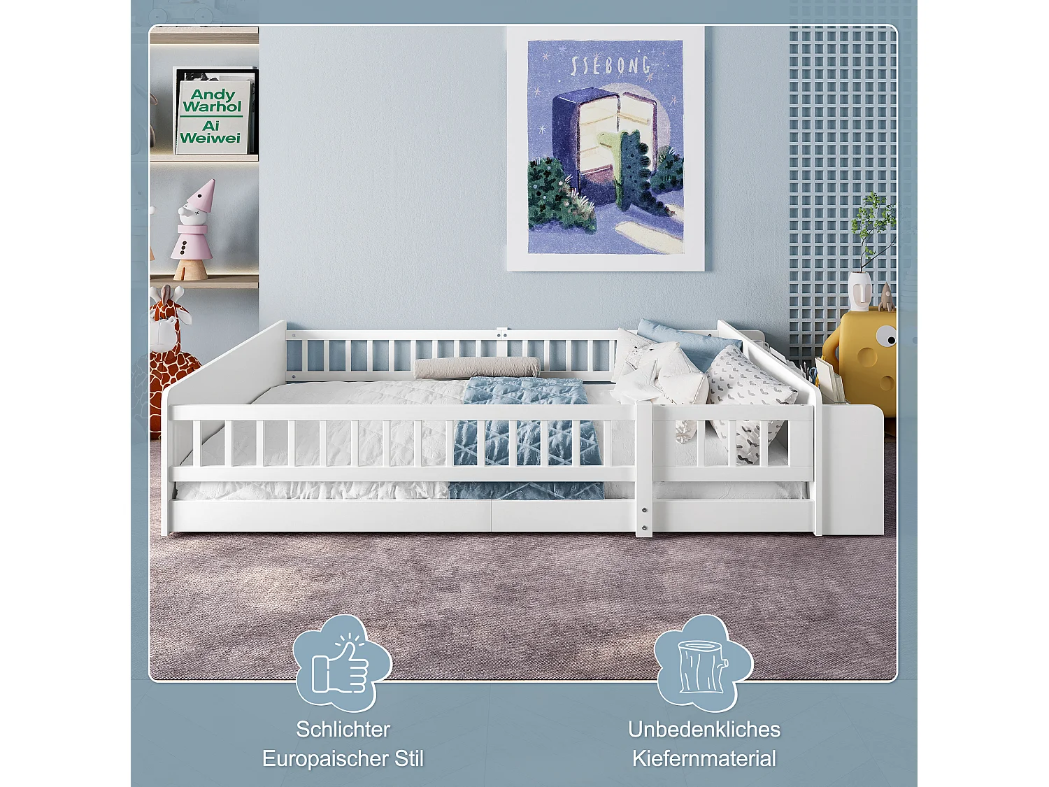 Letto singolo per bambini - 90 x 190 cm - con contenitore aperto - pino - bianco