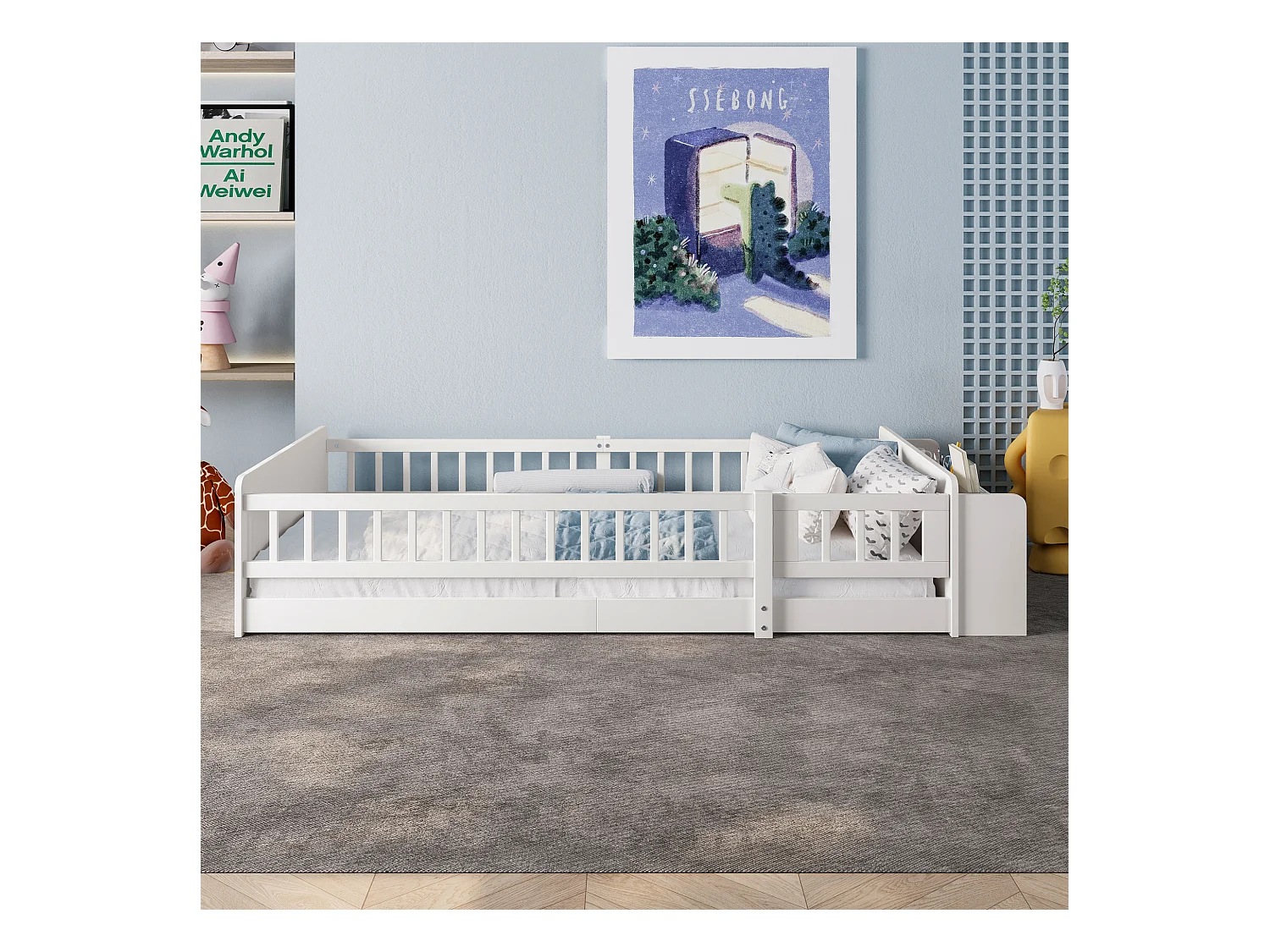 Eenpersoonsbed kinderbed - 90 x 200 cm - met open opbergruimte - grenen - wit