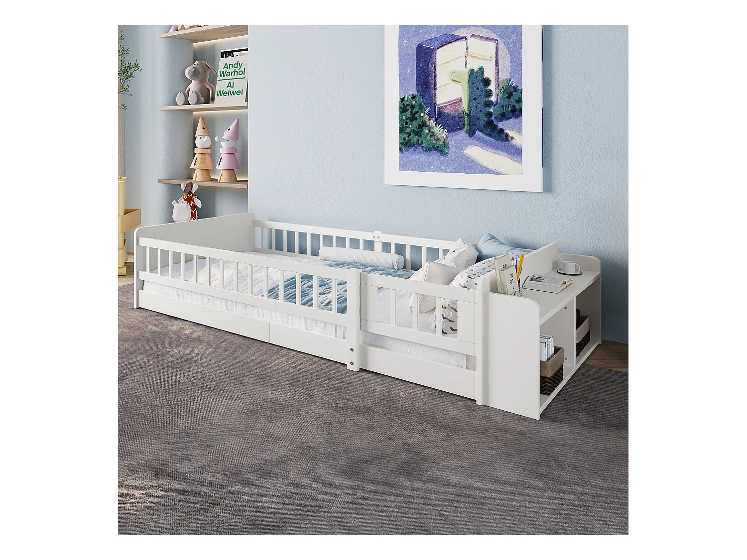 Eenpersoonsbed kinderbed - 90 x 200 cm - met open opbergruimte - grenen - wit