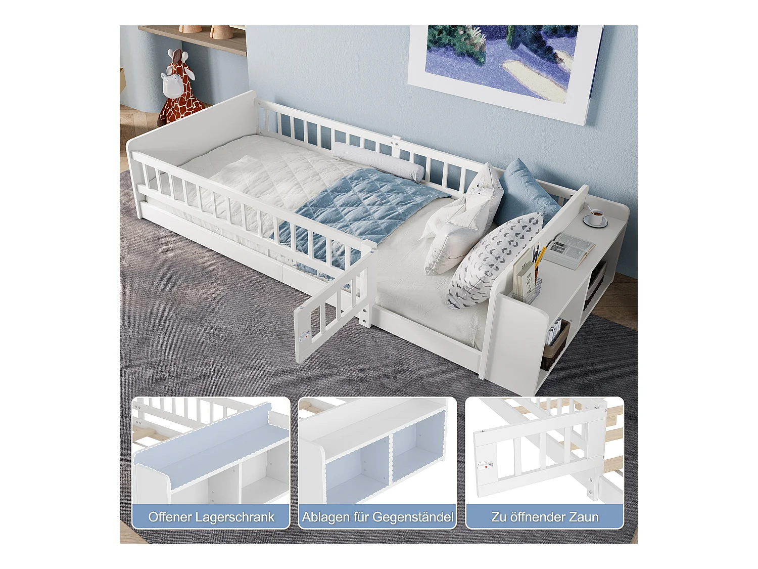 Eenpersoonsbed kinderbed - 90 x 200 cm - met open opbergruimte - grenen - wit