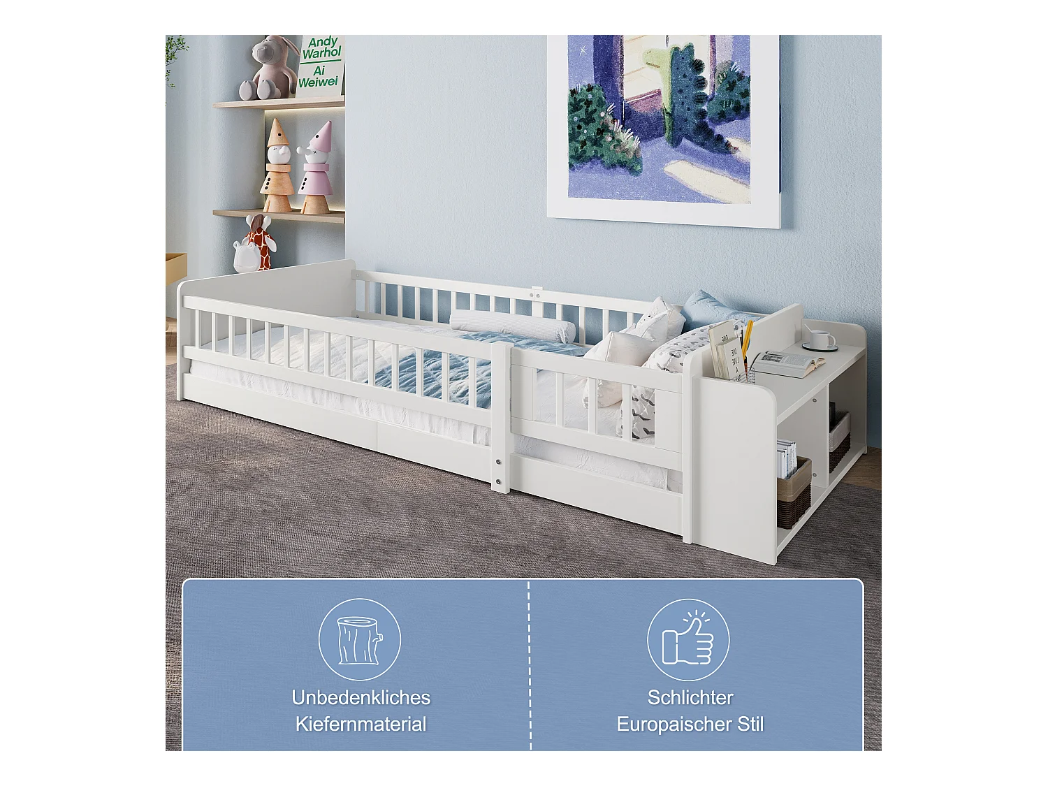 Eenpersoonsbed kinderbed - 90 x 200 cm - met open opbergruimte - grenen - wit