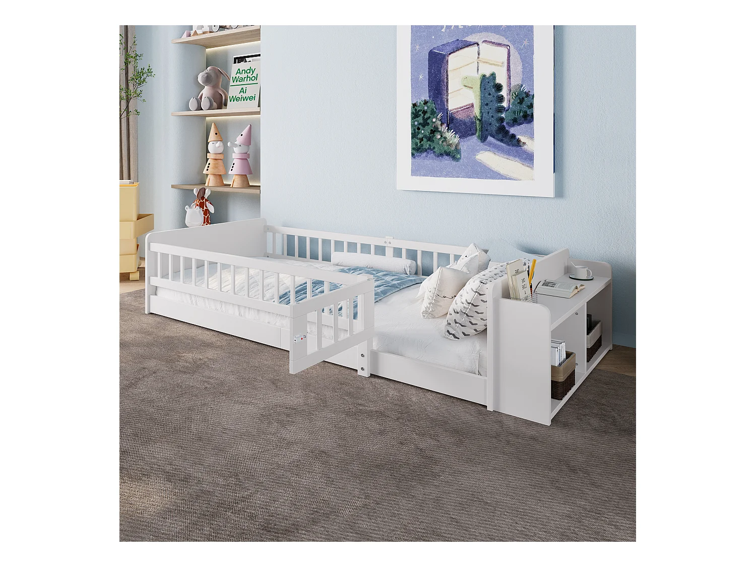 Cama de solteiro infantil - 90 x 200 cm - com arrumação aberta - pinho - branco