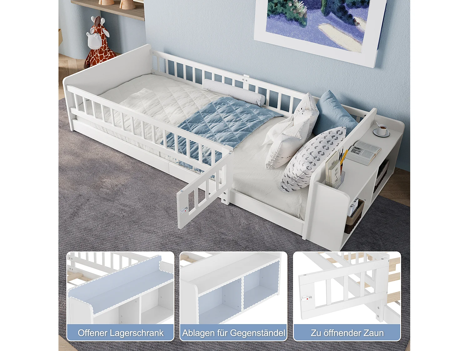 Lit enfant simple - 90 x 200 cm - avec rangement ouvert - pin - blanc