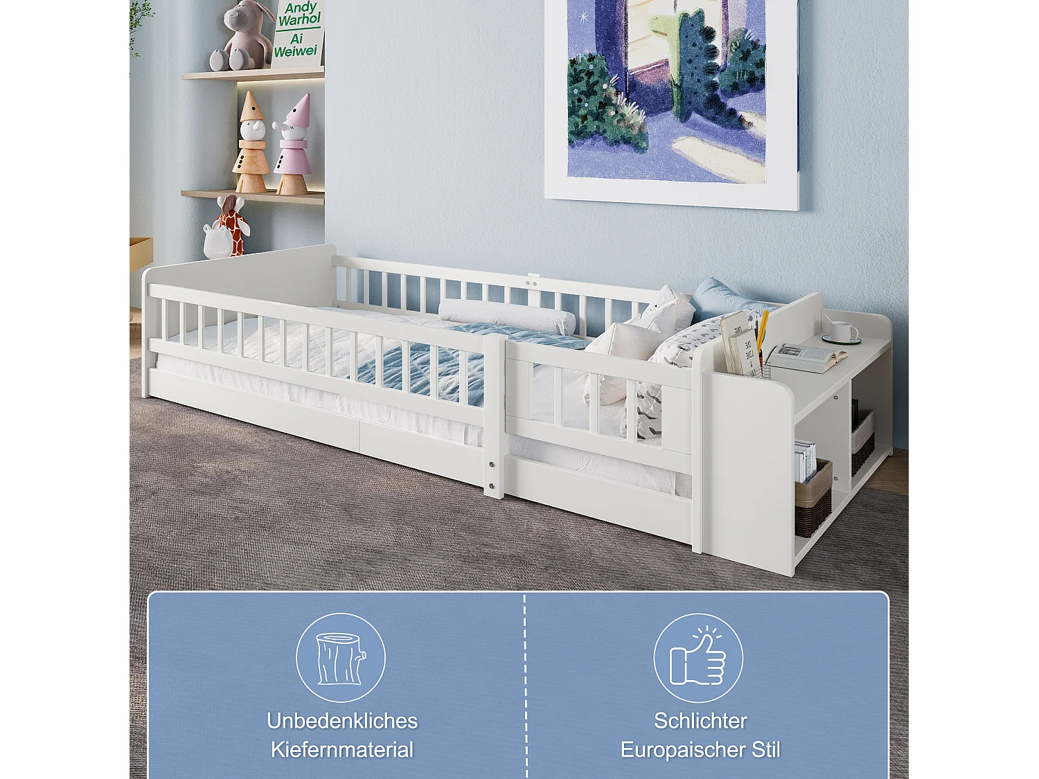 Lit enfant simple - 90 x 200 cm - avec rangement ouvert - pin - blanc