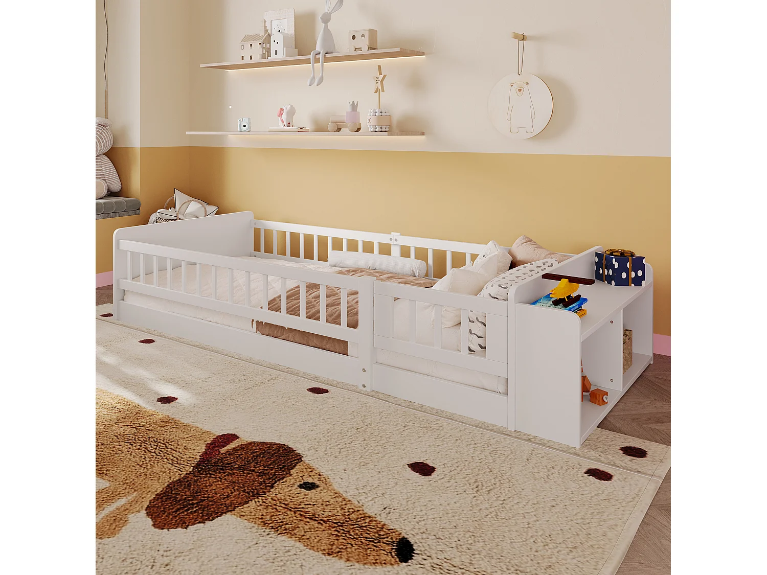 Lit enfant simple - 90 x 200 cm - avec rangement ouvert - pin - blanc