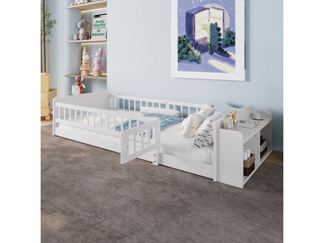 Cama de solteiro infantil - 90 x 200 cm - com arrumação aberta - pinho - branco