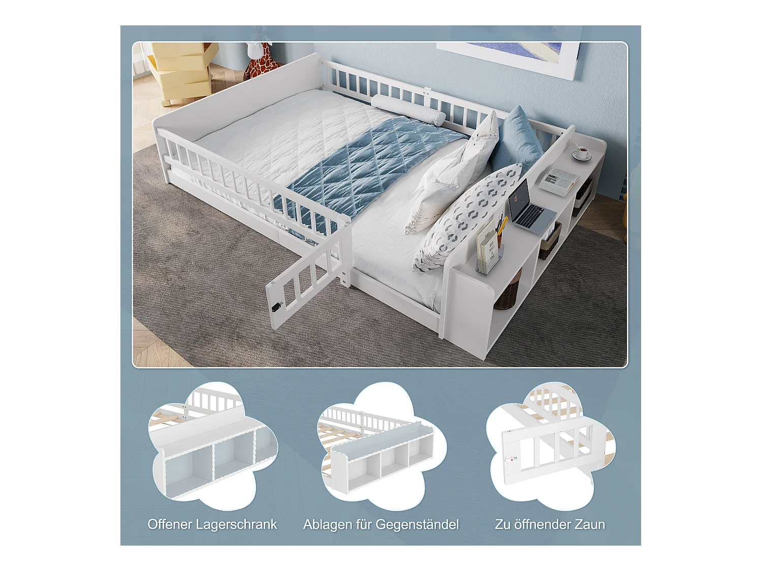 Lit enfant simple - 140 x 200 cm - avec rangement ouvert - pin - blanc