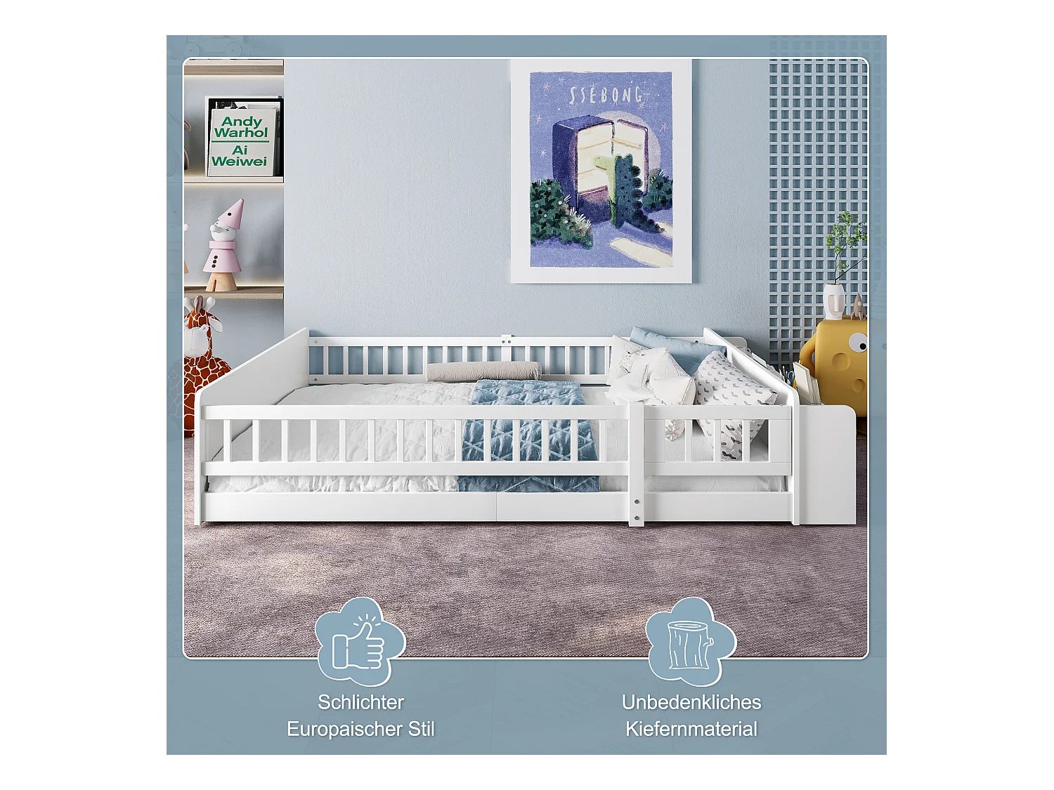 Lit enfant simple - 140 x 200 cm - avec rangement ouvert - pin - blanc