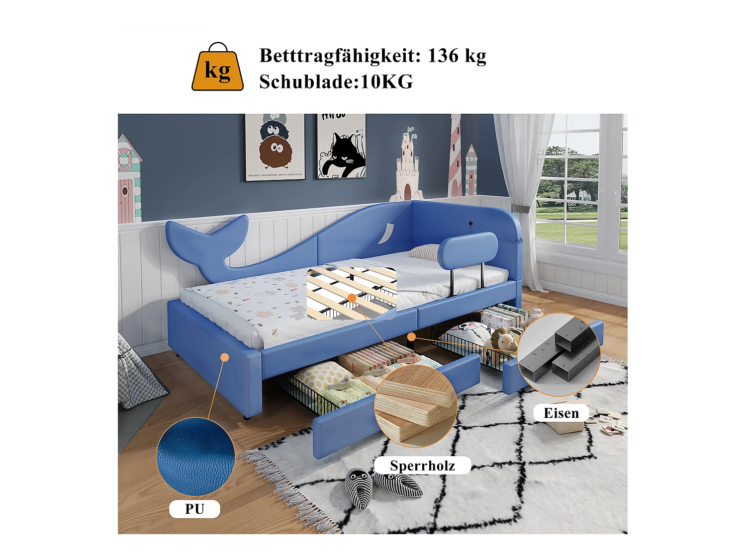 Canapé-lit pour enfant - 90 x 200 cm - avec 2 tiroirs - PU + MDF + contreplaqué - bleu