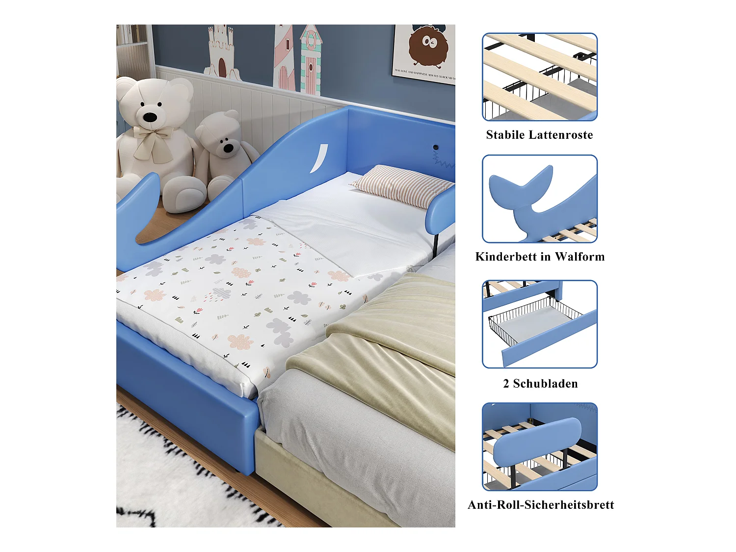 Canapé-lit pour enfant - 90 x 200 cm - avec 2 tiroirs - PU + MDF + contreplaqué - bleu