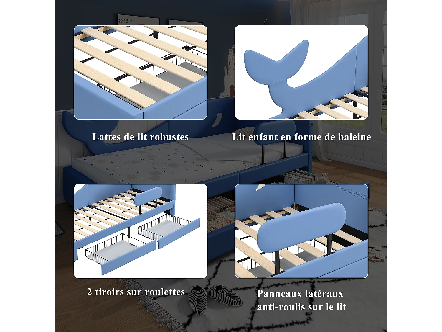 Kinderslaapbank - 90 x 200 cm - met 2 lades - PU + MDF + multiplex - blauw