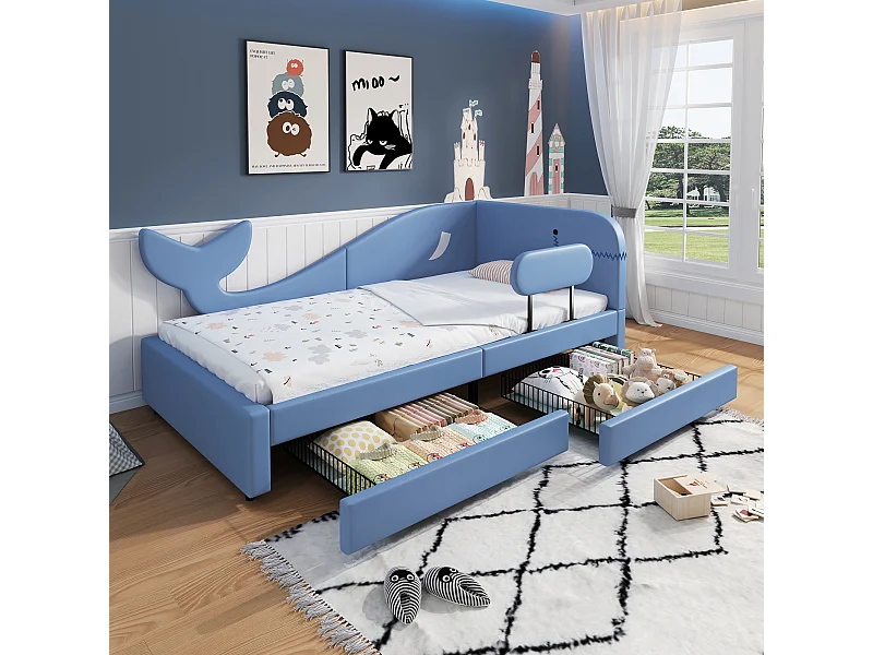 Canapé-lit pour enfant - 90 x 200 cm - avec 2 tiroirs - PU + MDF + contreplaqué - bleu