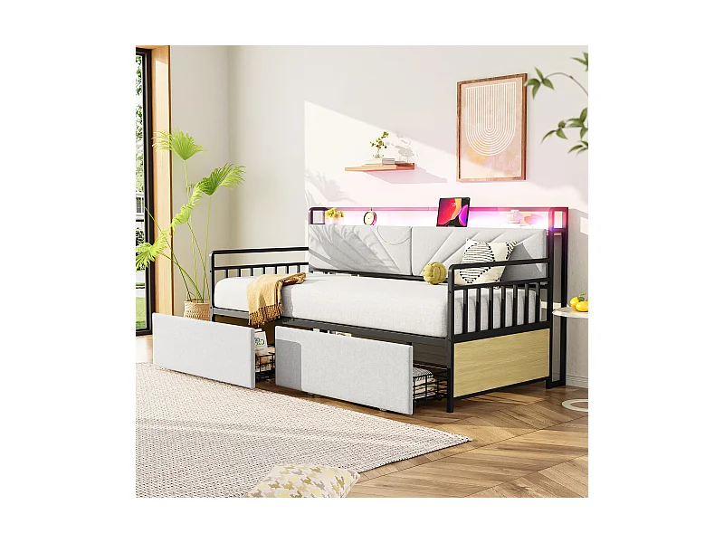 Schlafsofa mit Stauraum - 90 x 200 cm - mit LEDs + Regale + 2 Schubladen + Steckdosen - Holz + Metall - Beige